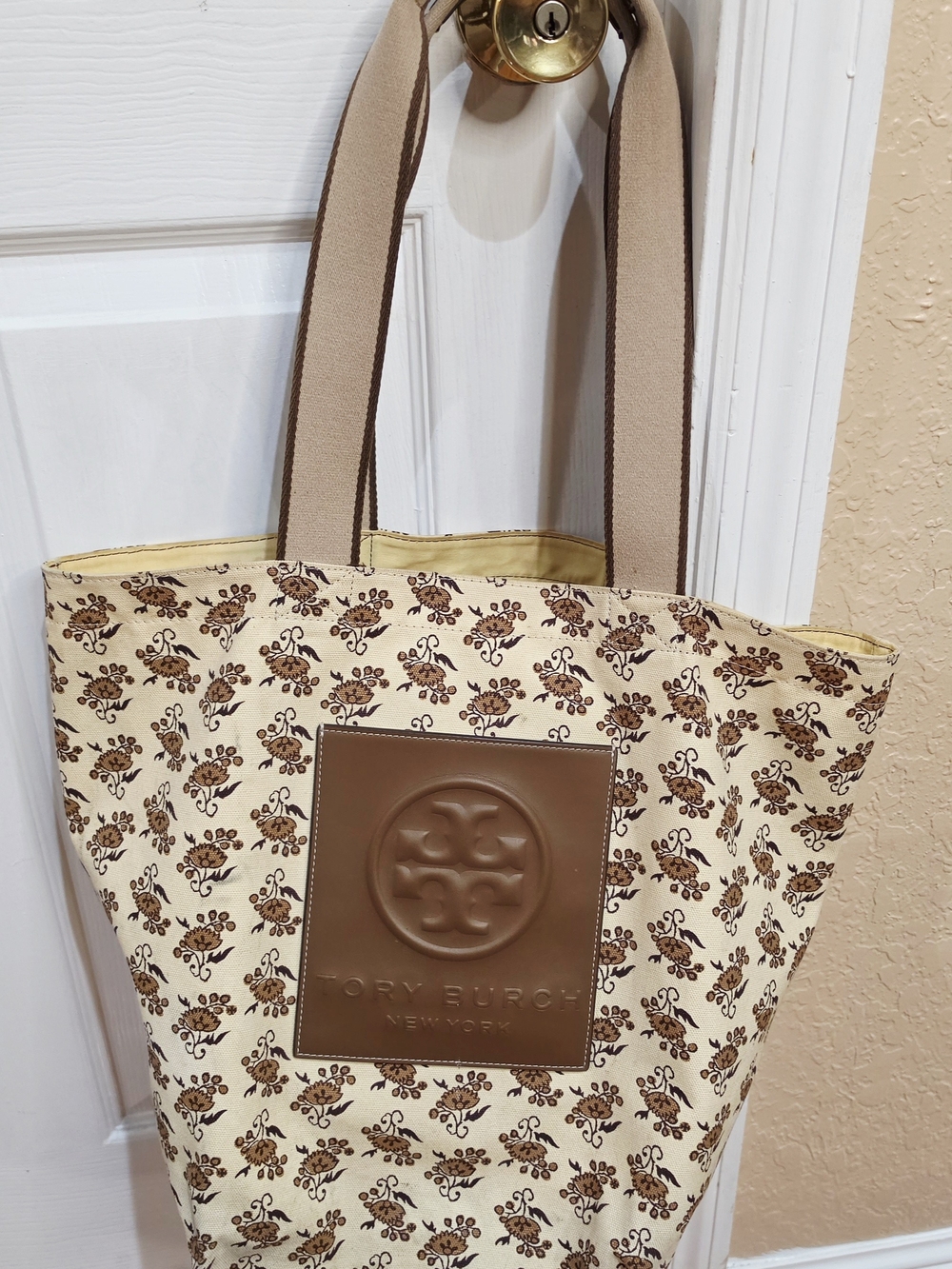 Tory Burch Cream Canvas Tote with Brown Floral Print and Tan Trim